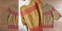 Свободный пуловер с круглой кокеткойполосами, связанный спицами