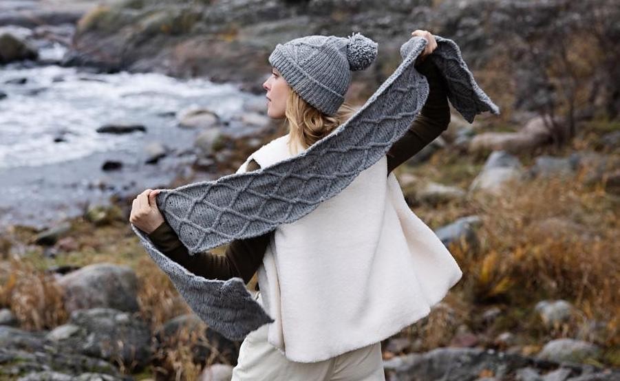 Вязаные спицами шапка и шарф с косами