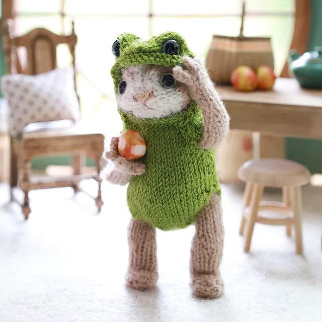 Вязаный спицами котёнок в костюме лягушки Kitten in a Frog Suit