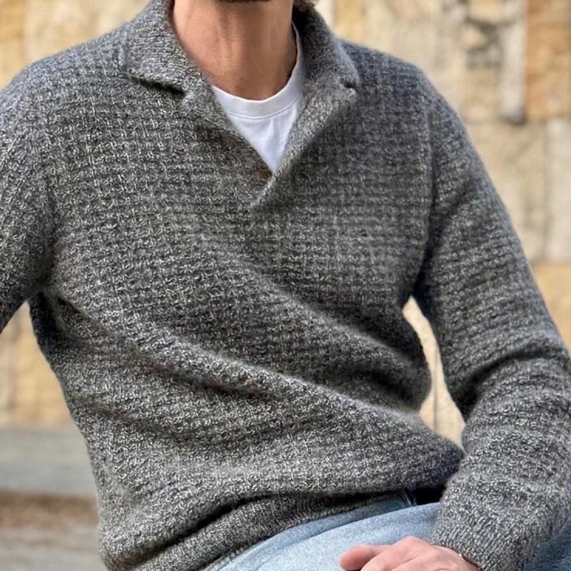 Мужской кашемировый пуловер-поло с японским плечом Cashmere Waffle Polo, вязаный спицами сверху