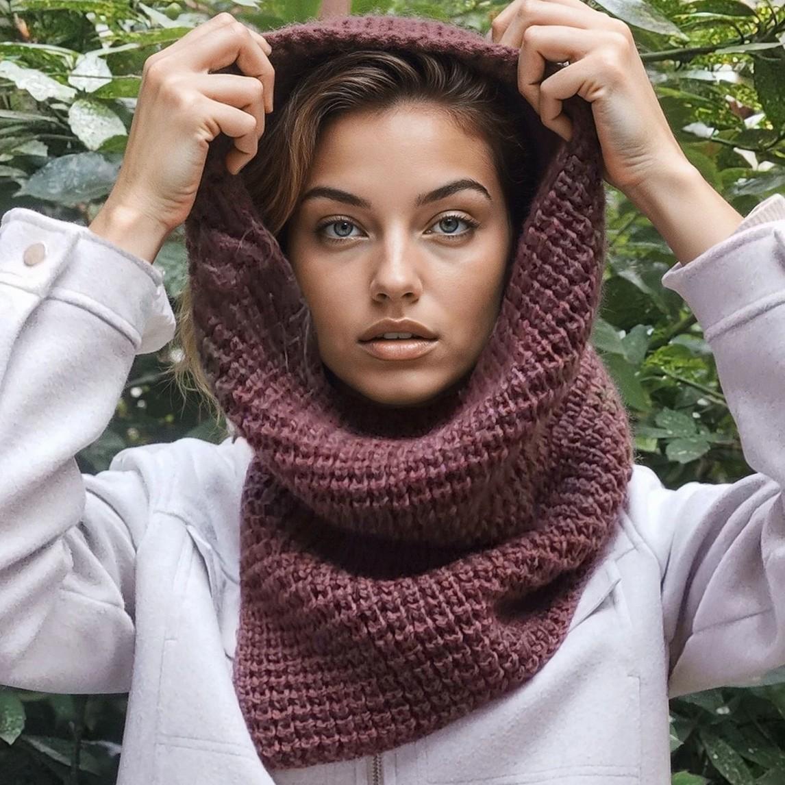 Вязаный спицами теплый снуд-капюшон Waffle