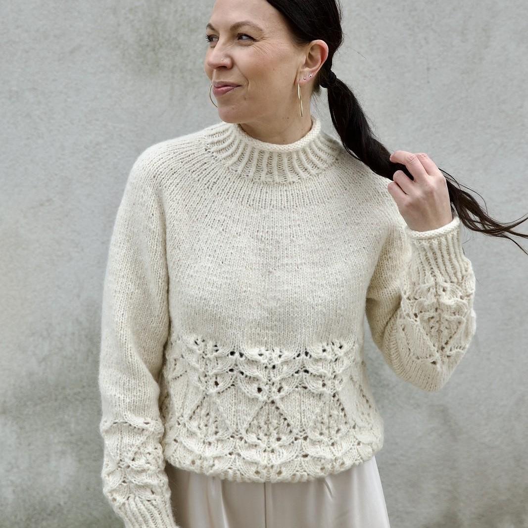Свитер с ажуром по низу корпуса и рукавов Blanc de Blancs, вязаный спицами сверху