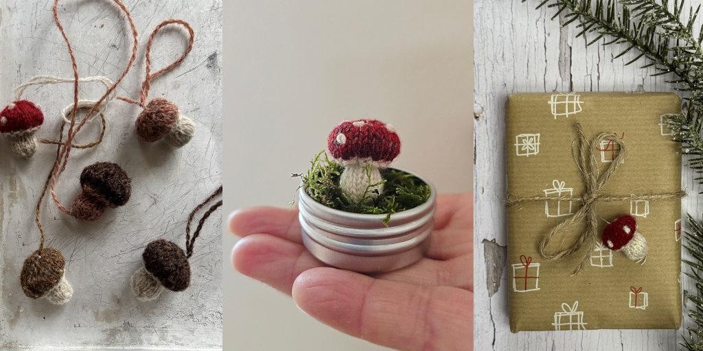 Вязаный спицами гриб как подарок или украшение