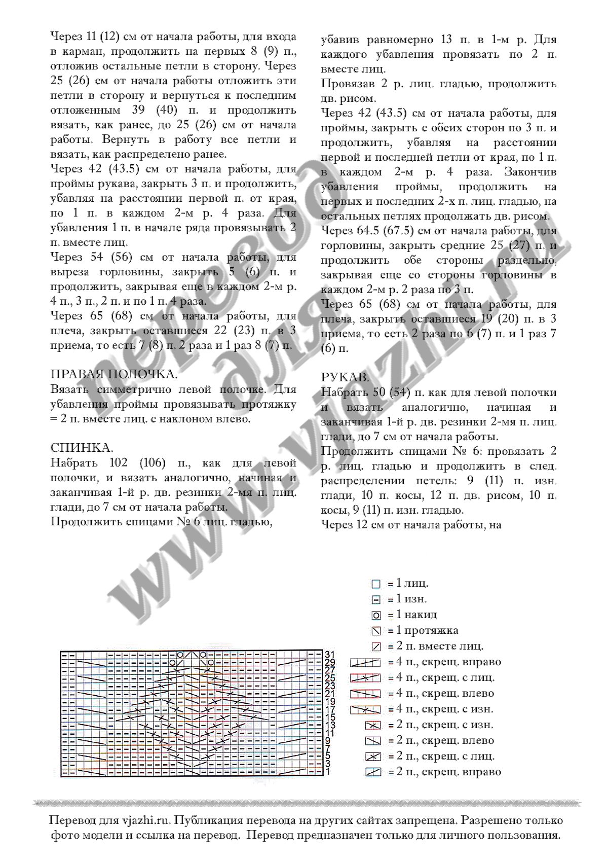 Схема и описание вязания спицами для мужчин жакета на молнии узором с косами и аранами стр 2