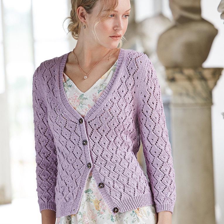 Шелковый кардиган вязаный спицами ажерным узором Esta