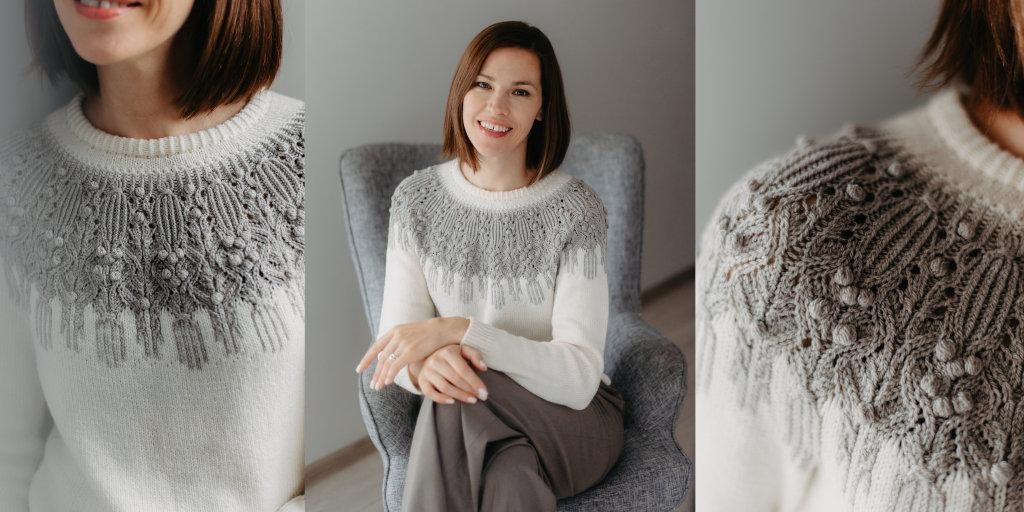 Свитер с круглой кокеткой спицами