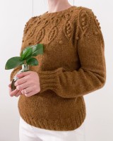 Вязаный спицами пуловер с круглой кокеткой и косами
