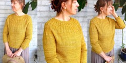 Женский пуловер с круглой кокеткой, связанный спицами