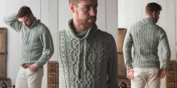 Мужской пуловер с воротником стойкой, связанный спицами