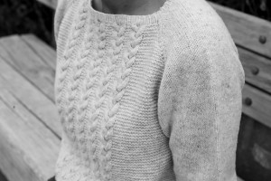 Пуловер с косами спереди регланом спицами