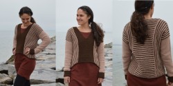 Женский свитер, связанный платочной вязкой в разном направлении